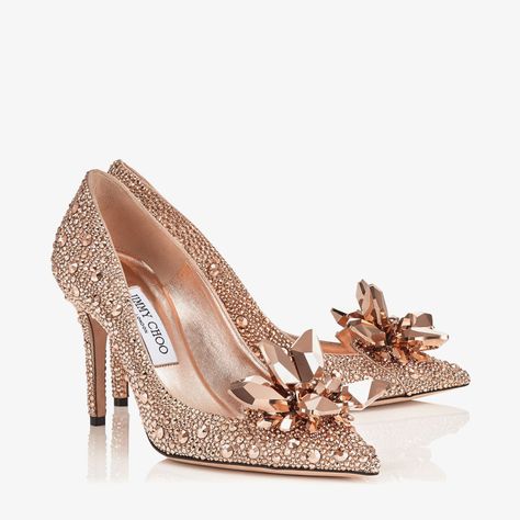 Rose Gold Crystal Covered Pointy Toe Pumps | Alia | Pre Fall 18 | JIMMY CHOO Chloe 2024, Elegant Bridal Dress, Rose Gold Heels, Perfect Wedding Shoes, Bridal Handbags, Bridal Wedding Shoes, Jimmy Choo Heels, Rose Gold Crystal, Bridal Heels