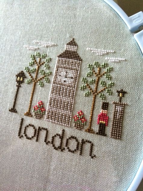 Work in progress - "Afternoon in London" cross stitch pattern by Country Cottage Needleworks 4.9.16 London Cross Stitch, Cross Stitch Flower Pattern, Cross Stitch Flower, Country Cottage Needleworks, Embroidery Tips, Cross Stitch Patterns Flowers, Mini Cross Stitch, Stitch Ideas, Beaded Cross Stitch