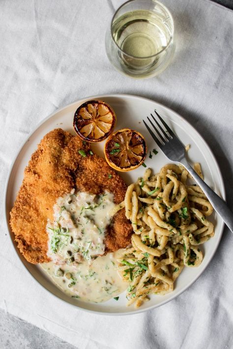 Making pork schnitzel and spaetzle at home doesn't have to be intimidating! You can have this classic European recipe at home in no time! Schnitzel And Spaetzle, Schnitzel Recipe, Recipe With Lemon, So Much Food, Lemon Dill Sauce, Lemon Caper Sauce, Pork Schnitzel, Recipe Generator, Lemon Dill