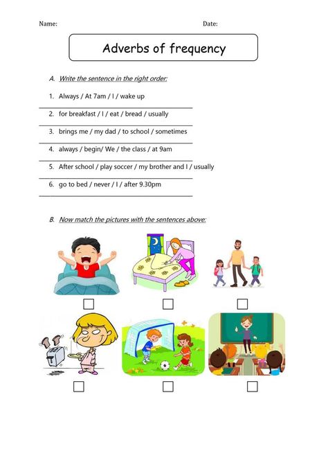 This worksheet aims at practicing the adverbs of frequency by putting the words in the right order to form a sentence. Frequency Worksheet, Adverbs Worksheet, Grammar Sentences, Worksheets For Grade 3, Creative Lesson Plans, English Phonics, Kindergarten Worksheets Printable, 2nd Grade Worksheets, Kids English