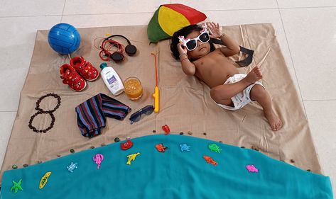 Beach Theme Baby Photoshoot, Beach Theme Photoshoot, Monthly Photoshoot, 8th Month, Theme Photoshoot, Baby Decorations, Monthly Baby Pictures, Baby Pic, Newborn Baby Photoshoot