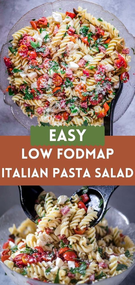 Simple Low FODMAP Italian Pasta Salad, with an option to make it vegan. It's super easy to make, healthy, and IBS Friendly. Easy Fodmap Recipes, Pasta Salad Gluten Free, Food Map Diet, Ibs Diet Recipes, Pasta Salad Vegan, Mushroom Fettuccine, Spaghetti Marinara, Ibs Friendly Food, Salad Gluten Free