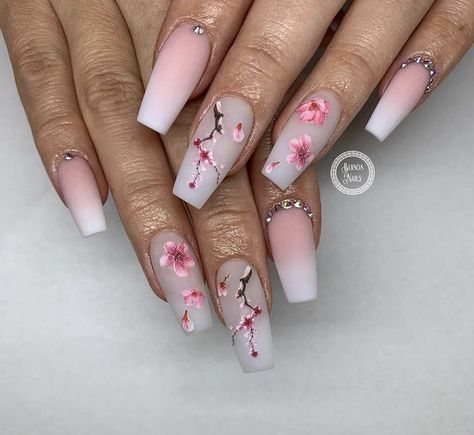 Desert Nails, Cherry Blossom Nails Design, Nail Art Fleur, Spring Nail Art Designs, Cherry Blossom Nails Art, Pink Tip Nails, Stilleto Nails Designs, Disney Acrylic Nails, Cherry Blossom Nails