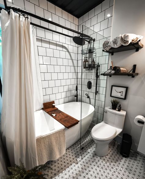 Black And White Tub Shower Combo, Bathroom Remodel Black Hexagon Tile, Black And White Bathroom Clawfoot Tub, Modern Farmhouse Bathroom Black Hexagon Tile, Large Soaking Tub, White Subway Tile Shower With Black Hexagon Floor, Black Fixtures, Treehouse Cabins, Bath Renovation