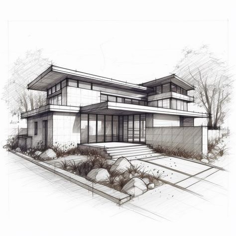 Sketching Tranquil Retreats: Exterior Design Excellence Architectural Hand Rendering, House Sketch Architecture Drawings, Modern House Perspective, Exterior Perspective Rendering, Modern House Drawing Sketches, Exterior Perspective Drawing, House Design Modern, Interior Architecture Sketch, House Design Drawing