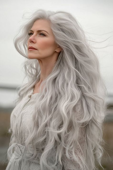 White Hair Model Woman, Bonnie Bedelia Hair, Older Women With Long Curly Hair, Long Wavy Gray Hair, Long Grey Hair Older Women, Long Silver Hair Older Women, Wavy Perm Long Hair, Young Grey Hair Woman, Hair Toppers Before And After