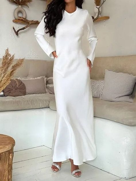 Dresses Long Modest Dress, Satin Dress Long, Fitted Maxi Dress, Flare Sleeve Dress, White Bodycon, Dress Woman, Slim Dress, Long Skirts For Women, Long Sleeve Casual Dress