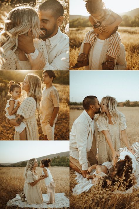 Family Pictures Outside Summer, Fall Field Family Pictures, Golden Family Photos, Family Pictures In Flower Field, Field Fall Photoshoot, Golden Hour Family Photography, Summer Golden Hour Family Photos, Farm Field Family Pictures, Boho Chic Family Photoshoot