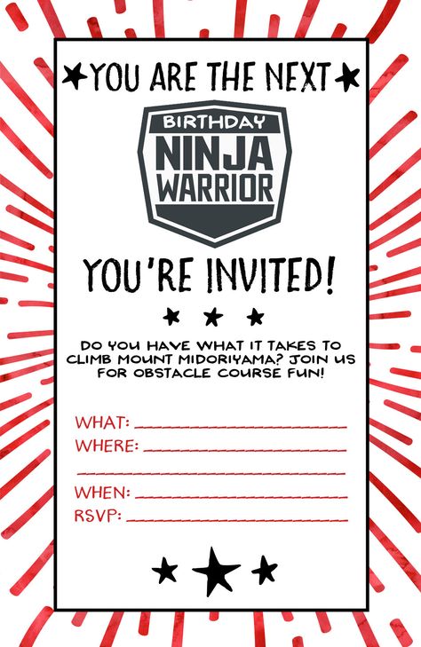 American Ninja Warrior Birthday Party | Wit & Wandermn Ninja Warrior Birthday Party Invitations, Ninja Warrior Birthday Party Ideas, Ninja Warrior Birthday Party, American Ninja Warrior Party, Ninja Party Invitations, Ninja Birthday Party Invitations, Ninja Birthday Invitations, Ninja Invitations, Birthday Party Invitations Free