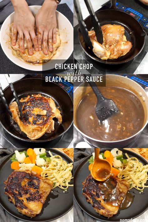 Chicken Chop with Black Pepper Sauce - Nomadette Black Pepper Sauce Recipe, Chicken Chop Recipe, Mashed Potatoes From Scratch, Black Pepper Sauce, Chicken Chop, Pepper Sauce Recipe, Black Pepper Chicken, Cheese Rice, Smoked Food