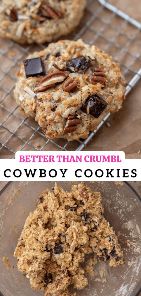 These delicious cowboy cookies are simple yet delicious cookies made with oats, chocolate chips, pecans, and coconut. A perfect explosion of flavor in a cookie. Cowboy Cookies With Coconut, Crumbl Cookie Copycat Cowboy, Copycat Crumbl Cowboy Cookie, Better Than Crumbl Cookies, Crazy Cookie Flavors, Popular Cookies To Sell, Boxed Cornbread Better, Over The Top Cookies, Summer Cookie Flavors