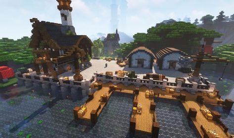 Minecraft Loading Dock, Fishing Market Minecraft, Minecraft Dock Crane, Minecraft Building Ideas Dock, Minecraft Shipping Dock, Minecraft Harbour Ideas, Minecraft Docks Medieval, Minecraft Docks Ideas, Minecraft Port Design