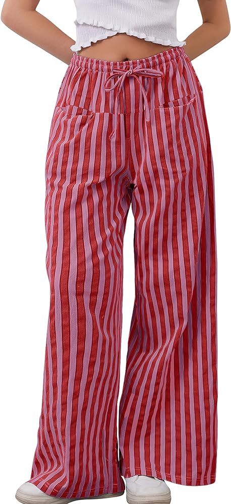 MISSACTIVER Women Drawstring Striped Pants Loose Wide Leg Trousers Comfy Low Waist Pants Casual Lounge Pants with Pockets, Red, S : Amazon.co.uk: Fashion Wide Leg Trousers Casual, Red Striped Pants, Pijama Pants, Comfy Lounge Pants, Striped Wide Leg Trousers, Low Waist Pants, Pants Comfy, Earth Month, Comfy Lounge