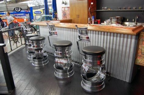 Top 50 Best Garage Bar Ideas - Cool Cantina Workshop Designs Garage Bar Ideas, Car Part Art, Quirky Furniture, Car Parts Decor, Old Car Parts, Motorbike Parts, Car Bar, Cool Bar Stools, Car Part Furniture