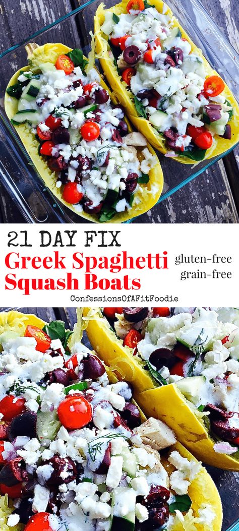 21 Day Fix Greek Spaghetti Squash Boats {Gluten-free} - Confessions of a Fit Foodie Greek Spaghetti Squash, Spaghetti Squash Recipes Chicken, Greek Spaghetti, Spaghetti Squash Boats, Spaghetti Squash Boat, 21 Day Fix Breakfast, Squash Boats, 21 Day Fix Diet, 21 Day Fix Meal Plan