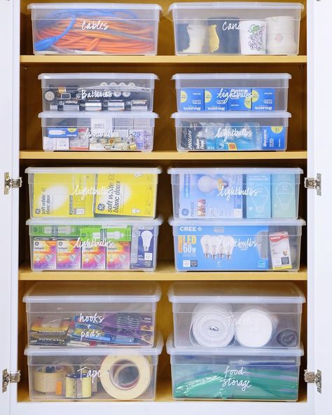 Light Bulb Storage, Laundry Room Stackable, Laundry Room Storage Shelves, Small Laundry Room Organization, Utility Closet, Stackable Storage Boxes, Home Edit, The Home Edit, Lightbulbs