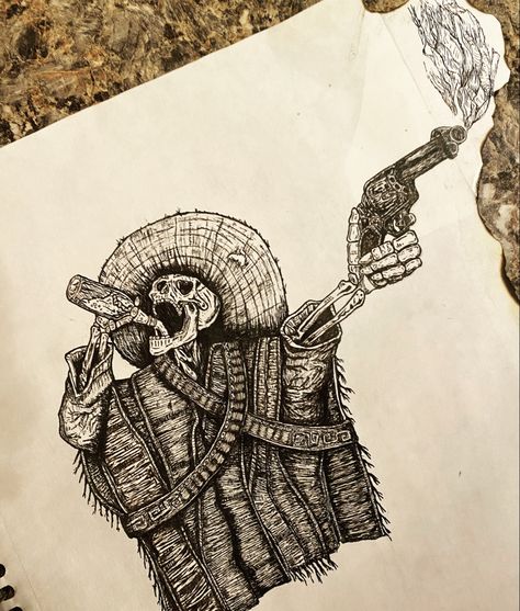 Undead Cowboy Tattoo, Cool Mexican Tattoos, Charro Skeleton Tattoo, Skeleton Card Tattoo, Mexican Bandit Tattoo, Cowboy Bandit Tattoo, Gunslinger Tattoo Ideas, Western Cowboy Skeleton Tattoo, Black And White Chest Tattoo