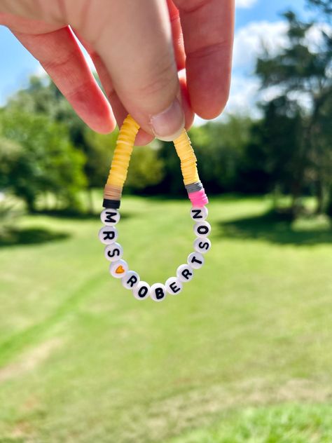 Handmade clay bead custom teacher name pencil bracelet Teacher Clay Bead Bracelet, Pencil Bracelet, Make Clay Beads, Clay Bead Bracelet, Clay Bracelet, Beads Bracelet Design, Clay Bead, Cute Clay, Bracelet Design