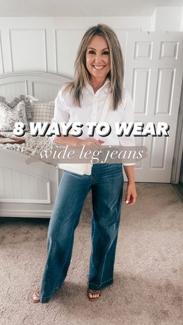 High Rise Pull On Jeans, Wide Leg Jeans Button Down Shirt, Tops To Wear With Wide Leg Jeans High Waist, Wide Bottom Jeans Outfit, Tops To Wear With Wide Leg Jeans, High Rise Wide Leg Jeans Outfit, Wide Leg Jeans Outfit Ideas, Midlife Fashion, Wide Leg Pants Jeans