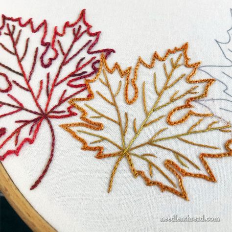 Maple Leaf Embroidery Pattern, Even Stitch Embroidery Design, Back Stitch Embroidery Design Motifs, Y Stitch Embroidery Design, Fall Leaf Embroidery, Autumn Embroidery Designs, Back Stitch Embroidery Design, Autumn Embroidery Patterns, Back Stitch Design