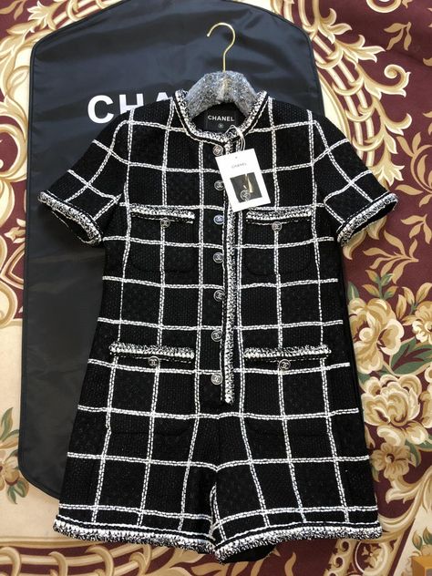 Chanel Playsuit, Chanel Dress Short, Chanel Outfits Women, Chanel Tweed Dress, Chanel Jumpsuit, Cloth Inspiration, Check Jumpsuit, Tweed Jumpsuit, Chanel Clothes