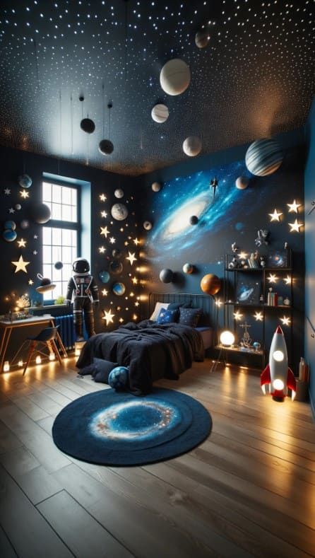 Space Bedroom Ideas, Whimsical Bedroom Ideas, Galaxy Bedroom, Retreat Themes, Boys Bedroom Ideas, Kids Bedroom Ideas, Whimsical Bedroom, Space Themed Bedroom, Space Themed Room