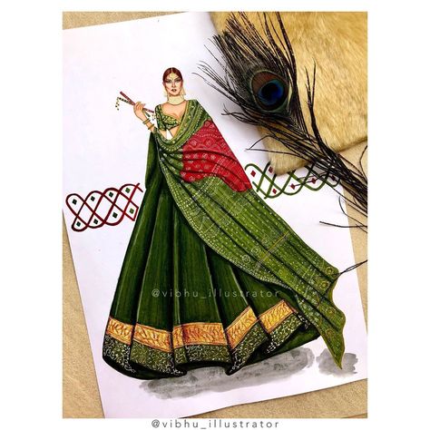 Instagram Indian Traditional Dresses Illustration, Rajasthani Dress Drawing, Lehnga Illustrations, Bridal Lehenga Illustration Sketches, Bridal Illustration Indian Sketches, Lehnga Illustration Sketch, Lehenga Illustration Sketch, Indian Bride Sketch, Fashion Design Drawings Outfits