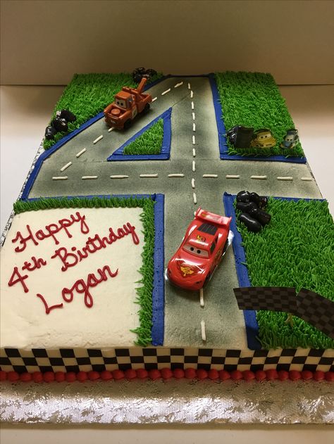 Cars themed full sheet cake Car Theme Cake, Lightning Mcqueen Birthday Cake, Disney Cars Cake, Lightning Mcqueen Cake, Cars Theme Cake, Truck Birthday Cakes, Mcqueen Cake, Baby Boy Birthday Cake, Cars Birthday Cake