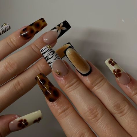 🙈🙈 • • Inspo from: @aashleysnails and @nails_by_arlene Brown Y2k Nails, Acrylic Nail Designs Coffin, Brown Y2k, Y2k Nails, Unique Acrylic Nails, Coffin Nails Designs, Nails Inspo, Acrylic Nail Designs, Nail Inspo