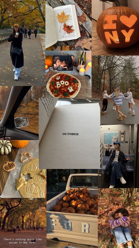 fall aesthetic, fall, fall moodboard, aethetic, spooky season, spooky aesthetic, october, fall season, nyc fall, nyc fall aesthetic, halloween aesthetic, halloween, moodboard, cookies, pumpkins, pumpkin patch, subway, leaves, new york city, nyc, harry potter, friends, cold weather, cozy, cozy season, pizza, books, reading, aesthetic, mood October Mood Board Wallpaper, Fall Trip Aesthetic, Connecticut Fall Aesthetic, American Fall Aesthetic, Fall In Nyc Aesthetic, New York City In October, Nyc Autumn Aesthetic, Fall Aesthetic Bucket List, Fall Wellness Aesthetic