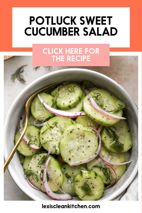 This Sweet Cucumber Salad Recipe is my go-to for potlucks, picnics, and meal prep! It comes together with fresh cucumber, crisp red onions, and a sweet and tangy honey vinaigrette dressing for a refreshing side dish. Sweet Cucumber Recipes, Sweet Cucumber Salad, Fod Diet, Sweet Vinaigrette Dressing, Honey Vinaigrette Dressing, Cuke Salad, Pickled Cucumbers And Onions, Cucumber Salad Recipes, Cucumber Salad Dressing