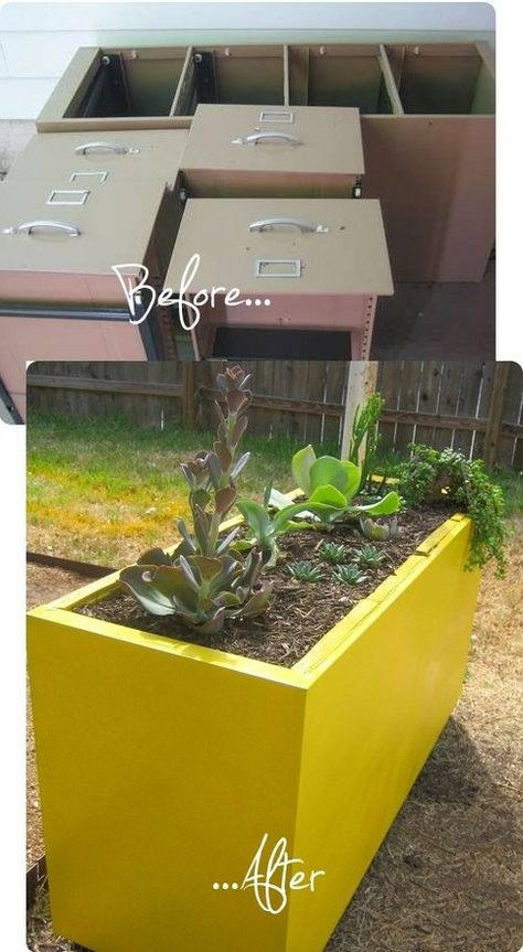 upcycle old file cabinet for new raised bed.  I could do this on our patio! File Cabinet Planter, Suburban Homestead, Raised Bed, Green Jeans, Planter Box, Live Simply, File Cabinet, Raised Beds, Raised Garden