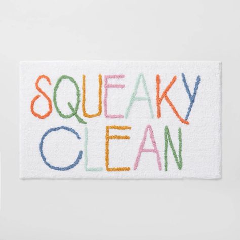 Add a colorful accent to their bath space with this Squeaky Clean Bath Rug from Pillowfort™. This rectangular bath mat makes a wonderful addition to their bathroom decor. It features the word "Squeaky Clean" in colorful letters on a white backdrop for a fun look. The 100% cotton construction makes it nice and absorbent, while the tufted texture provides them a fluffy and soft feel underfoot when they brush their teeth, step out of the shower or get ready for school. Coordinate with similar bath Kids Bathroom Rug, Gender Neutral Kids Bathroom Ideas, Kids Bathroom Inspiration, Cute Bathroom Rugs, Fun Boys Bathroom, Pillowfort Bathroom, Kids Bathroom Ideas Girl, Shared Bathroom Ideas Kids, Fun Kids Bathroom Modern