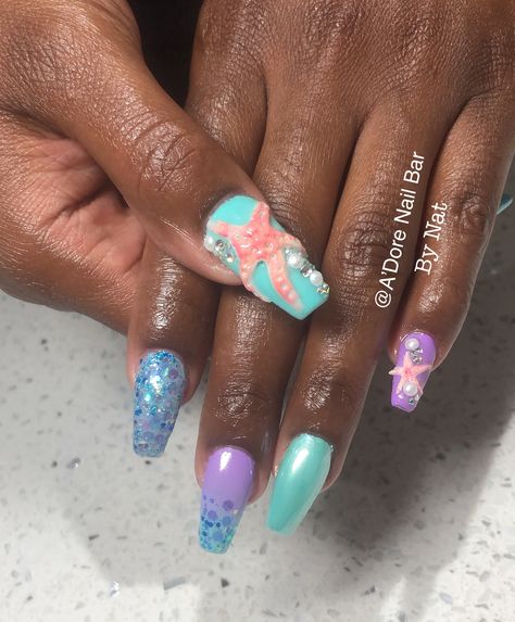 Mermaid birthday  #nailtech #naildesign #glitternails #seashells #seastardesign #3dseastar #3dgel #ombrenails #gradient #coffinnails #acrylicnails #refill #shellac #chromenails #unicornpowder #rhinestones #pearls #torontonails #nailswag Sea Star Nails, Mermaid Concept, Starfish Nails, Unicorn Powder, Fish Nails, Seashell Nails, 3d Star, Star Fish, Sea Star