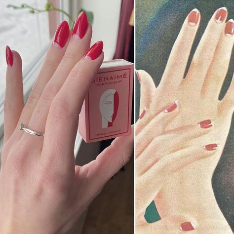 Cathrine 💐 on Instagram: "1930s manicure!♥️ 💅 #1930smanicure #manicure #halfmoonmanicure #1930snails #nails" 1940 Nails, 1930s Nails Moon Manicure, 1950s Manicure, 50s Nails Vintage, 1950 Nails Design, 1930s Manicure, Vintage Half Moon Nails, 1950 Nails, Vintage Manicure