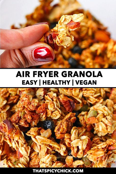 This Healthy Air Fryer Granola is quick and easy to make in just 15 minutes, full of large crispy clusters and downright delicious! It’s naturally sweetened with maple syrup, full of healthy fats and fiber, and great as a nutritious breakfast or snack! #granola #homemadegranola #airfryer #arfryergranola #airfryerrecipes #easyrecipes #breakfast #brunch #healthy #glutenfree #vegan #highproteinmeals #highprotein #pistachiobutter #pistachiogranola #airfryergranolaclusters | That Spicy Chick Airfryer Granola, Homemade Granola With Honey, Granola Made With Honey, Homemade Oats And Honey Granola, Air Fryer Granola, Healthy Homemade Granola Low Calorie, Airfryer Breakfast, Easy Granola Recipe, Healthy Air Fryer