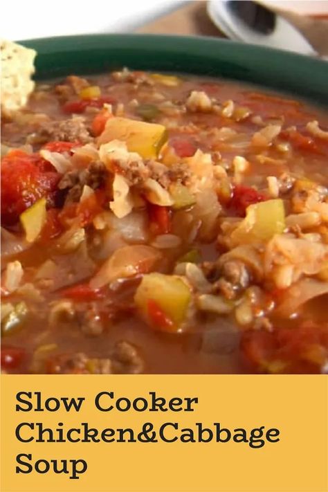 Crockpot Soups Chicken, Cabbage Chicken Soup, Chicken Cabbage Soup, Rice Chicken Soup, Slow Cooker Chicken Rice, Cabbage Soup Crockpot, Soup With Vegetables, Soup With Rice, Vegetables And Rice