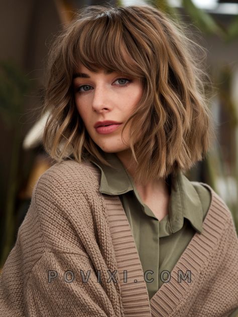 Chestnut brown hair 2025: 33 Ideas with Balayage and Highlights Perfect for Short and Long Styles Wavy Hair Naturally Short, Bangs Layers, Chestnut Brown Hair, Wavy Bangs, Hair Color Asian, Curly Styles, Wavy Lob, Layered Bob Short, Curl Defining Cream