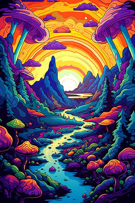 Trippy Nature Drawing, Psychadelic Character Design, Trippy Landscape Painting, Psycaledic Art Wallpaper, 70s Psychadelic Art, Cycadelic Art, Phsycadellic Art Trippy, Trippy Landscape Art, Phycedelic Art Hippie