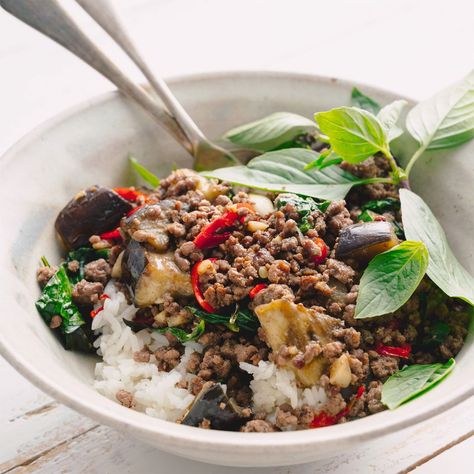 Basil, Beef & Eggplant Stir-fry - Marion's Kitchen Beef Eggplant, Basil Beef, Eggplant Stir Fry, Thai Basil Beef, Thai Beef Salad, Marion's Kitchen, Thai Beef, Beef Salad, Thai Dishes