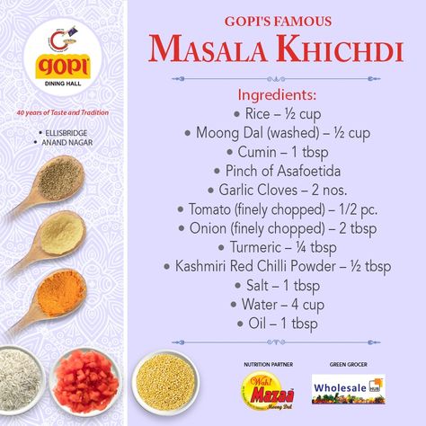 Searching for a meal which is healthy, delicious and easy to prepare? Well search no more, we bring you the easiest and flavourful recipe of Masala Khichdi.  A dish under Indian Cuisine which is cherished by all, the one and only Masala Khichdi  #GopiDiningHall #GopiRecipe #GopisFamous #MasalaKhichdi Khichdi Recipe Indian, Masala Khichdi Recipe, Masala Khichdi, Khichdi Recipe, Recipe Paper, Cooking Book, Veg Food, Rice Varieties, Cooking Recipes Healthy