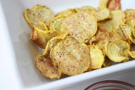 Yellow Squash Chips, Baked Yellow Squash, Paleo Chips, Squash Chips, Yellow Squash Recipes, Baked Squash, Cooking Spray, Paleo Snacks, Yellow Squash