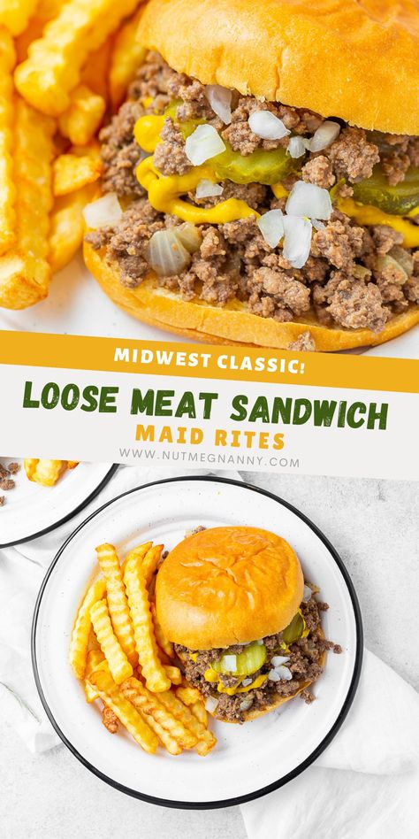 This copycat Maid Rite loose meat sandwich is the perfect dinner recipe! Deliciously seasoned beef with pickles and onions piled high on a bun. Loose Meat Sandwich, Shredded Beef Sandwiches, Shredded Chicken Sandwiches, Bbq Pork Sandwiches, Loose Meat, Loose Meat Sandwiches, On A Bun, Fancy Dinner Recipes, Meat Sandwich