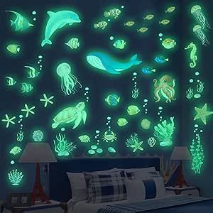 Sea Turtle Ocean Fish Wall Decals Glow in The Dark, Under The Sea Life Animals Stickers for Ceiling, Girls Boys Waterproof Decoration for Living Room Wall Bathroom Toilet Watercolor Sea Creatures, Ocean Baby Rooms, Sunlight Room, Ocean Kids Room, Bathroom Toilet Wall, Under The Sea Bathroom, Sea Bathroom Decor, Sea Stickers, Ocean Room Decor