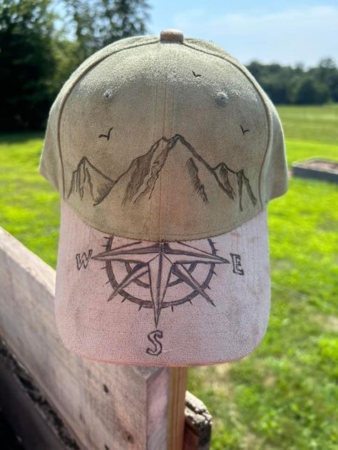 Burn Hats, Wood Burn Designs, Suede Hat, Felt Cowboy Hats, Hand Burn, Wood Burning Crafts, True North, Ball Cap, Hat Designs