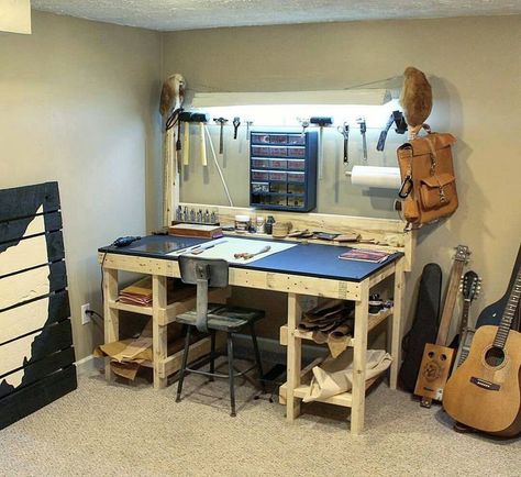 leather work table  | 25+ best ideas about Leather workshop on Pinterest ... Workshop Desk, Awesome Woodworking Ideas, Woodworking Desk, Working Table, Woodworking Logo, Leather Craft Projects, Woodworking Box, Woodworking Toys, Leather Craft Tools