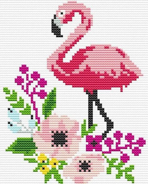 Cross Stitch Flamingo, Flamingo Cross Stitch, Christian Cross Stitch, Cross Stitch Fonts, Hand Embroidery Videos, Pola Kristik, Cross Stitch Patterns Flowers, Cross Stitch Bird, Cross Stitch Rose