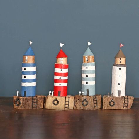 Lighthouse Decorations, Diy Lighthouse, Lighthouse Crafts, Driftwood Mobile, Lighthouse Decor, Boat Crafts, Small Wooden House, Ship Decor, Driftwood Projects