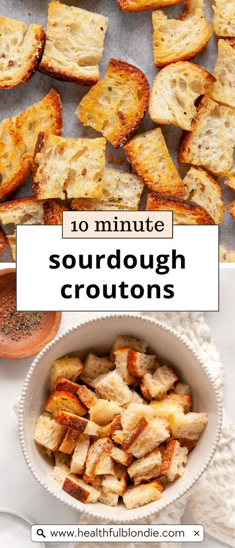 These easy homemade sourdough bread croutons are crunchy, buttery, and insanely delicious in under 10 minutes. Choose your favorite sourdough bread, with the option of making these croutons gluten-free and vegan. Perfect for salads and soups! Leftover Sourdough Bread, Crouton Recipe, Sourdough Croutons, How To Make Croutons, Croutons Recipe, Easy Sourdough Bread Recipe, Crouton Recipes, Homemade Sourdough Bread, Homemade Sourdough