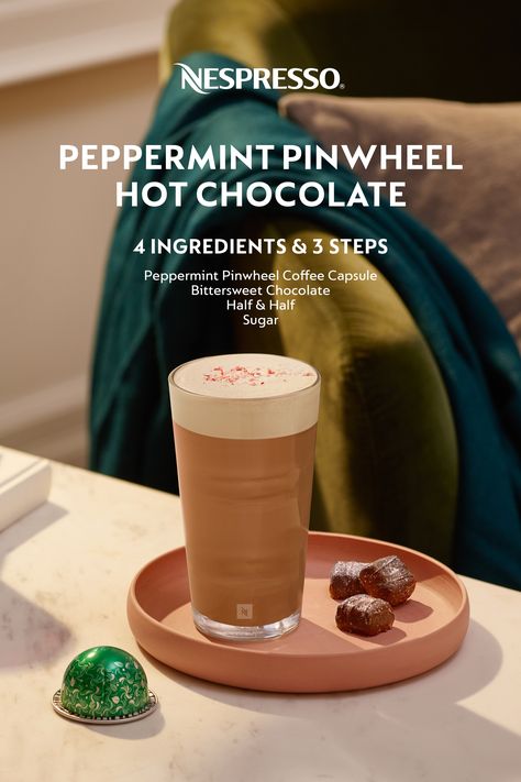 This festive Nespresso Vertuo recipe combines Peppermint Pinwheel coffee and hot chocolate. INGREDIENTS 1 capsule Peppermint Pinwheel, 1 oz bittersweet chocolate, 4 oz half & half, 2 tsp sugar MATERIALS Tall recipe glass or mug, Barista Recipe Maker HOW TO Place chocolate pieces and half & half into your Barista machine. Cover and select 'Hot Chocolate' setting. In your glass, add sugar and brew Peppermint Pinwheel on top. Stir to combine. Top coffee with hot chocolate milk to fill the glass. Nespresso Peppermint Pinwheel Recipe, Kahlua Baileys Drinks, Barista Machine, Barista Recipe, Baileys Drinks, Coffee And Hot Chocolate, Juan Valdez, Chocolate Ingredients, Nespresso Recipes